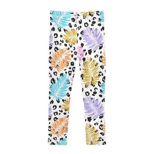 Colorful Palm Leaf Leopard Girls Leggings Ultra Soft Compression Yoga Gym Pants for Kids 4-10T2