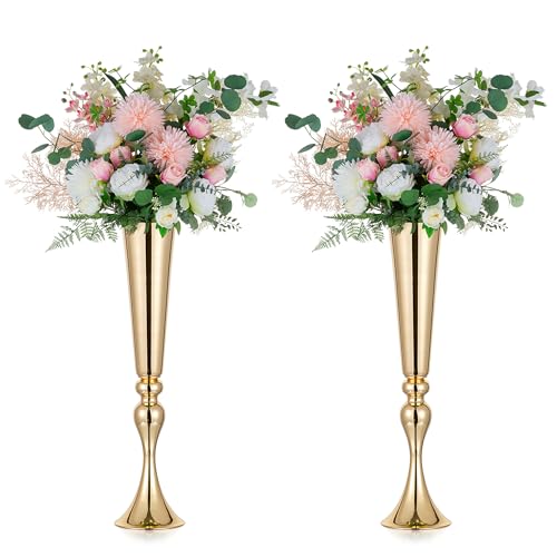 NUPTIO Florero de Oro para Centros de Mesa: 2 Piezas 55,5cm de Alto Flor de Trompeta Jarrones Metal de Pie para Bodas de Cumpleaños Fiesta de Aniversario Decoraciones