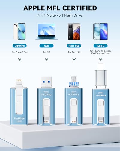 Image of MFi Certified 256GB Flash Drive for iPhone iPad, Photo Stick for External Memory Storage, Easily Back Up and Save Photos Videos, 4 in 1 USB Memory Stick Thumb Drive for iPhone /iPad /Android /PC (Blue)