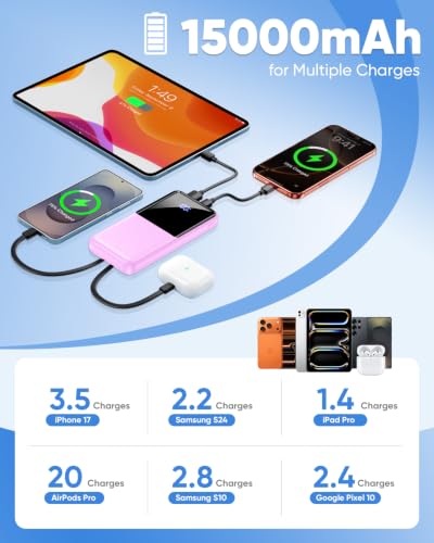Image of CFIAI Portable Charger Power Bank, 50% Larger Capacity 15000mAh Battery Pack with Built in Cable, 22.5W Fast Charging Travel Camping Essential for iPhone 17 16 Pro iPad Samsung S26 Google, Lavender