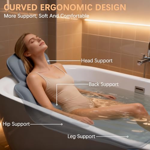 Ergonomic Full Body Bath Pillow for Bathtub, 5D Luxury Spa Cushion with 114 Non-Slip Suction Cups, Extra Long Thick Bath Pillow for Full Body Support, for Adult with Laundry Bag & Hook (Grey)
