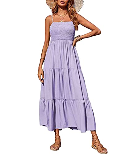 Image of Sexyshine Women's Square Neck Halter Lace Up Criss Cross Maxi Dress Tie Back Sleeveless Smocked Ruched A Line Dress
