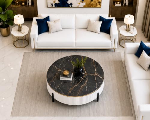 Image of WOODEN SPACE Premium Luxury Nazaara Marble-Top Coffee Table with Iron Legs & PVD Coating | Modern Round Wooden Center Table for Living Room & Entryway