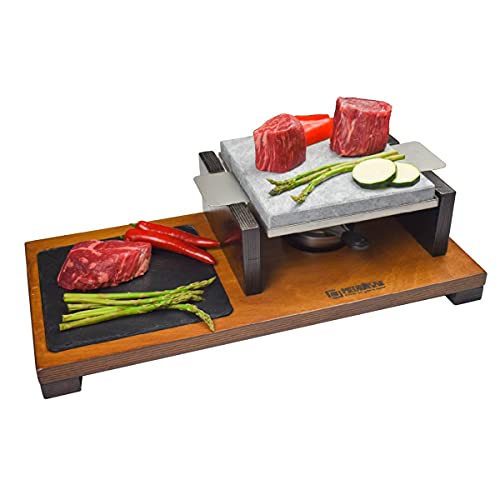 Piedra para carne de 20x20 con quemador y plato de Pizarra Modelo Menú