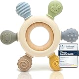 CAJA Beißring Baby BPA freie Zahnungshilfe und Beißspielzeug aus Silikon und Holz Greifring mit Tiermotiv Geschenkidee zur Geburt Sicheres Babyspielzeug für Jungen und Mädchen