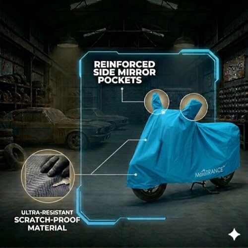 Image of Mototrance All Weather Protection Two Wheeler Cover for All Bikes /Royal Enfiled /Upto Pulsar 160CC to 350CC | Anti Dust, Water Resistant, Heat Resistant, UV Proof with Mirror Pocket | Solid Aqua