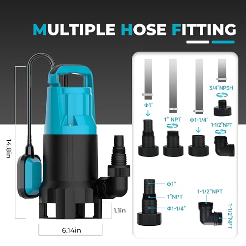 Image of Automatic Water Pump, 2250GPH Sump Pump Submersible Basement Portable Electric Utility Water Pump Removal for Pool Draining Basement Hot Tubs Garden Pool Cover Pond, Light Blue