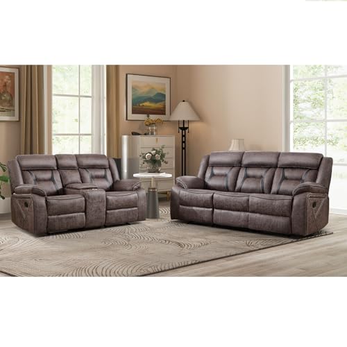 Image of EBELLO Manual Recliner Sofa Set, Faux Leather Reclining Living Room Furniture Set, Included Loveseat and 3 Seat Manual Recliner Sofa, Grey(Loveseat+Sofa)