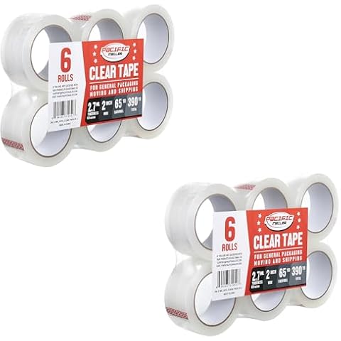 Pacific Mailer Clear Packing Tape, Heavy Duty Packaging Carton Tape for Shipping Packaing Moving Sealing, 2 Inch Wide, 2.7mil Thickness, 65 Yards Per Roll [Pack of 12] Cover