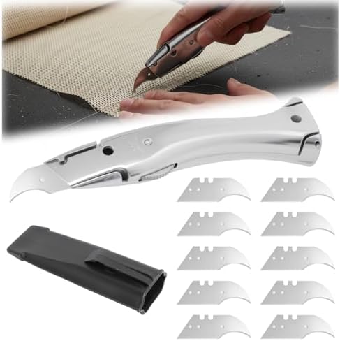 Cutter Profesional con Funda y 10 Hojas, Cutter de Seguridad con Hoja en Forma de Gancho, Cuchillo Delphin para Suelo de PVC y Cables