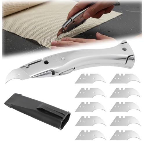 KQDRAVINE Cutter Profesional con Funda y 10 Hojas, Cutter de Seguridad con Hoja en Forma de Gancho, Cuchillo Delphin para Suelo de PVC y Cables