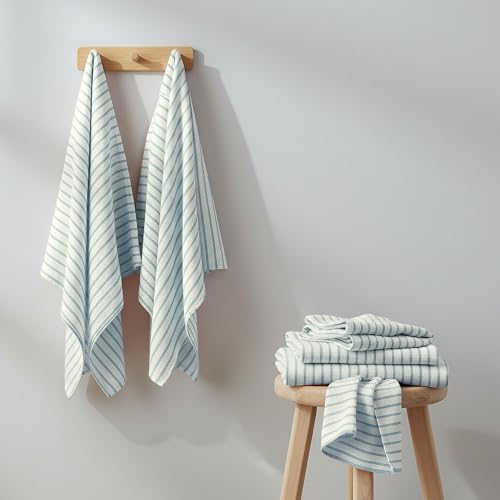 Image of Cortina Stripe Printed Towels for Bath (70 x 140 cm) 380 GSM Microfiber, Ultra Soft, Highly Absorbent & Quick Dry for Gym, Beach & Bathroom Towels for Men, Women & Kids (Light Blue Strip)