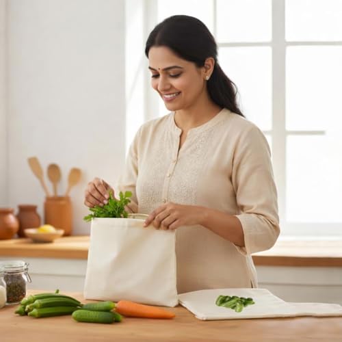 Image of 100% Cotton Reusable Vegetable Storage Bags for Fridge | Washable Breathable Zipper Cloth Bags | Eco Friendly Kitchen Organizer for Fruits & Veggies (Pack Of 6 Plan)