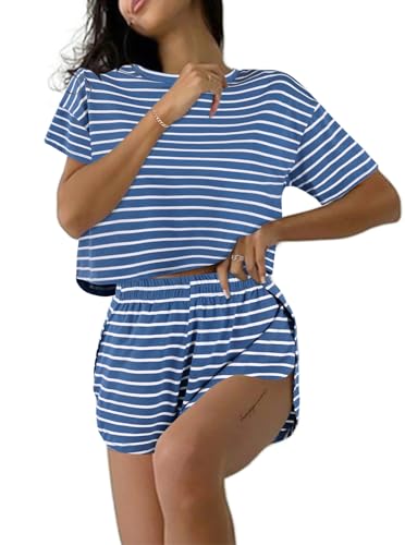 Image of Remidoo Women's Pajamas Set Striped Tee Shirts and Shorts Side Slit Crewneck Loungewear Blue Large