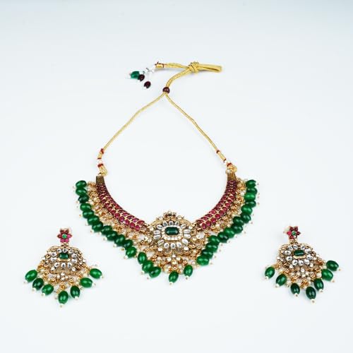 Image of Matte Finish Jewellery Set with Ruby stones and a pair of Earrings for women and girls /Fashion jewellery with multi coloured stones and green beads.