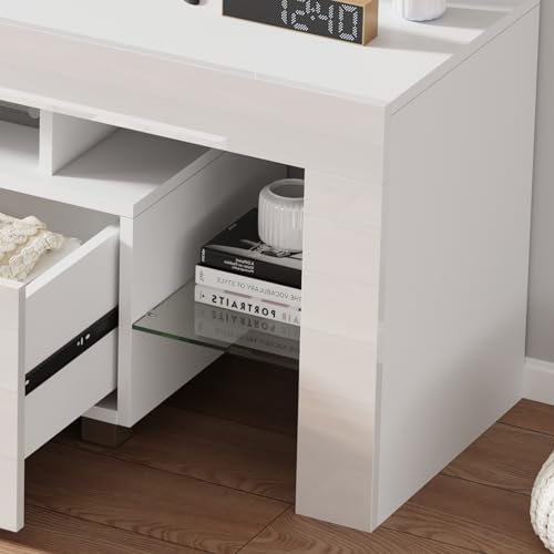Redd Royal 130cm TV Stand Cabinet White High Gloss with Led Light for 32"-65" TV, Modern TV Unit Entertainment Center Console Cabinet with Large Storage Drawer Glass Shelves for Living Room Bedroom - Image 9