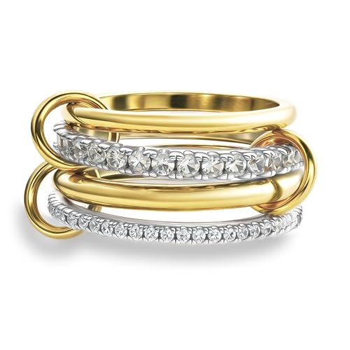 Bopiu Gold Stackable Rings for Women Non Tarnish 18k Gold Plated Cubic Zirconia Rings Silver Gold Multi Ring Mixed Metals Stack Rings Set (Two tone 7)