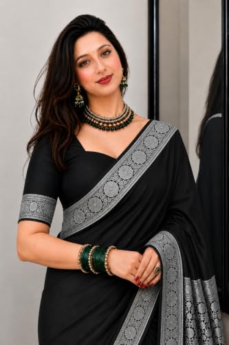 Image of Women's Glory Banarasi Satin Kanjivaram Saree Silver Zari Border Pure Soft Blend Silk Sari Kanchipuram Paithani Silk Party Wedding Festive New Ladies Sadi with Unstiched Blouse Piece.
