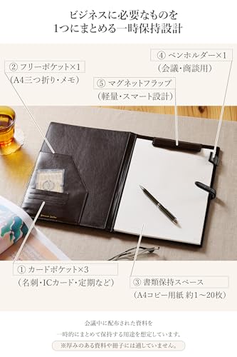G Genuine Leatherバインダー 本革 A4 会議・出張対応 多機能ポケット 名刺 ペン収納 牛革 ファイル 2つ折り（ブラック）