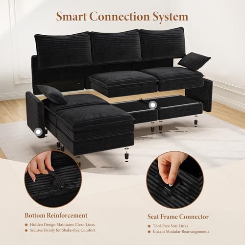 Image of Vesgantti Large Modular Sectional Sofa, Big Comfy Cloud Couch with Ottoman Deep Seat Corduroy Cloud Sofa, 9 Seater Large Sectional Couches for Living Room, Bedroom and Apartment, Black