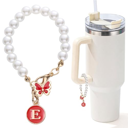 LUHOHI Accessories for Stanley Cup Pearl Chain Initial Accessoriess for Handle Stuff Decor Water Bottle Jewelry Tumbler Cute Simple Modern Personalized Name ID Decorations Letter Red Tag E