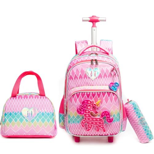 Egchescebo Kids Rolling Unicorn Backpack for Girls Luggage Suitcase With Wheels Trolley Wheeled POP Roller Backpacks for Elementary Travel School Bags 17
