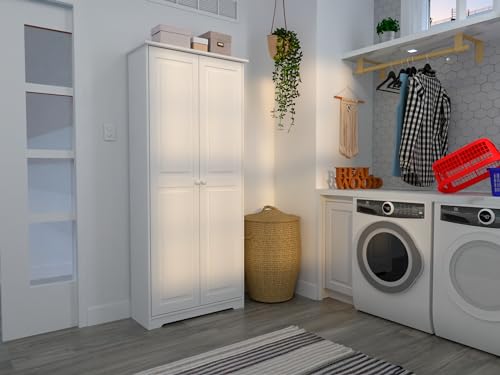 Image of From the Tree Furniture Solid Pine Pantry Cabinet, White Kitchen Storage Cabinet with Adjustable Shelves, Tall Free-Standing Organizer for Pantry, Laundry Room or Garage