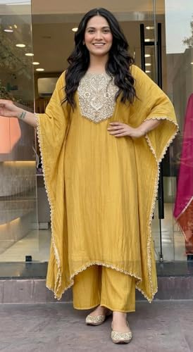 Image of GoSriKi Fendy Glass Embroidered A-Line Kurta with Palazzo for Women | Fendy Glass Grey | Kaftan Sleeve | Round Neck | Ethnic Wear Casual Wear