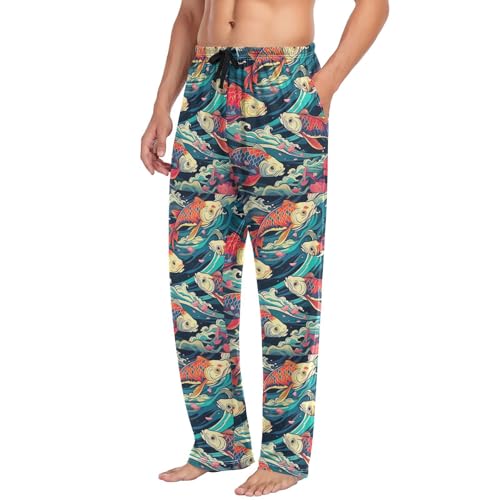 Men's Colorful Fish Waves Pajama Pants with Elastic Waistband | Soft Lounge Sleepwear | Breathable Sleep Pants for Home（937）4