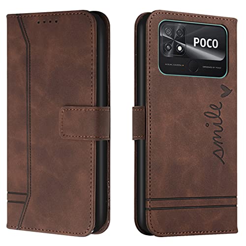 Lihondar Kompatibel mit Xiaomi Poco C40 Hülle, Handyhülle Xiaomi Poco C40, Premium Leder Klappbar Schutzhülle Tasche Wallet mit Brieftasche [Standfunktion] Cover Flip Hülle Klapphülle (Braun)
