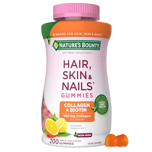 Nature's Bounty Optimal Solutions Hair, Skin and Nails Collagen Pectin Gummies, 100 mg Collagen and 2,500 mcg Biotin Per Serving, No Stick Gummy, Tropical Citrus Flavor, 200 ct, 100 Total Servings