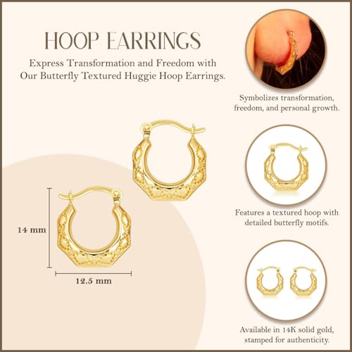 Gold Butterfly Textured Huggie Hoop Earrings for Women | 10K or 14K Yellow Gold3