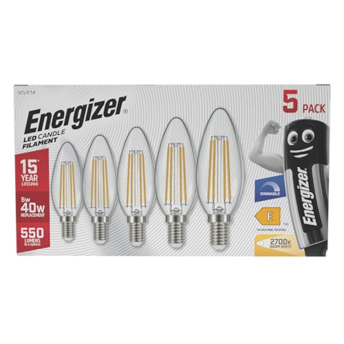 Energizer Dimmable Filament LED Candle Bulbs, E14 /Small Edison Screw, Clear 550 Lumens, Warm White, Pack of 5