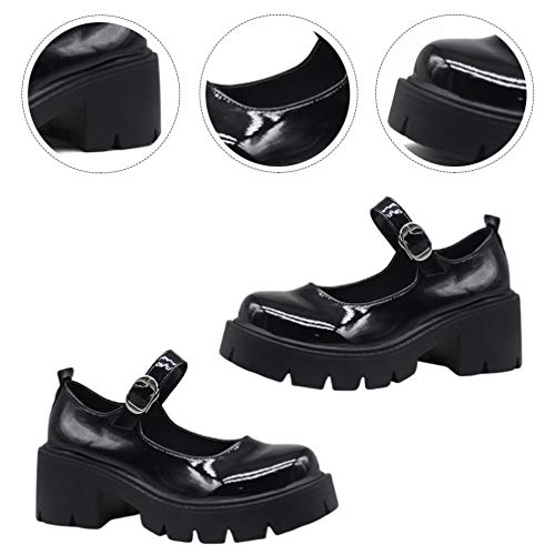 Holibanna Sapatos Mary Jane pretos femininos casuais salto grosso sapatos Mary Jane sapatos salto bl