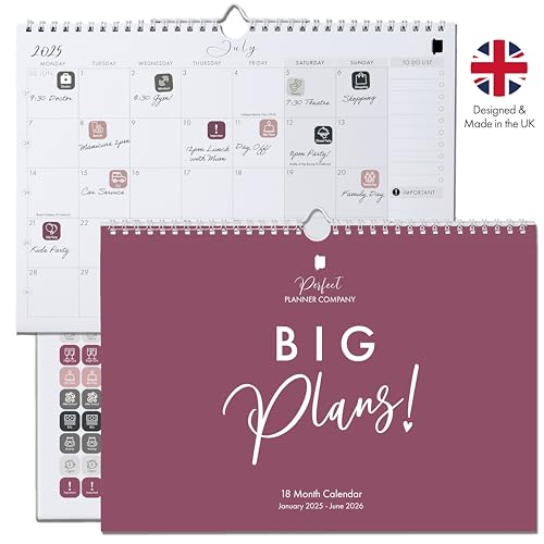 Wall Calendar 2025-2026 A4 with Stickers. Month to View, January 25 to June 26 (18 Month) Family, Couples & Personal Calendar Organiser. Compact A4 Landscape. By Perfect Planner Company. (Mauve25-26)