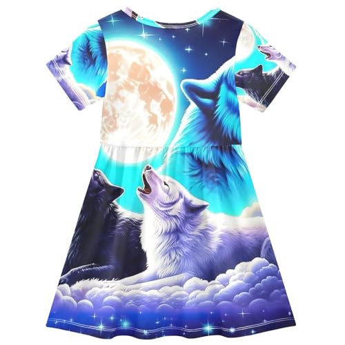 Galaxy Cool Wolf Blue Purple Girls Short Sleeve Dress Toddler Casual A Line Dress, 2T2