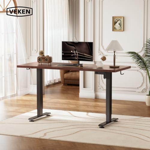 Image of Veken 47.2 Inch Large Electric Standing Desk, Gaming Table, Walnut | Height Adjustable Sit Stand Up Computer Tables for Home Office, Study , Writing, Suit students, employees and group work
