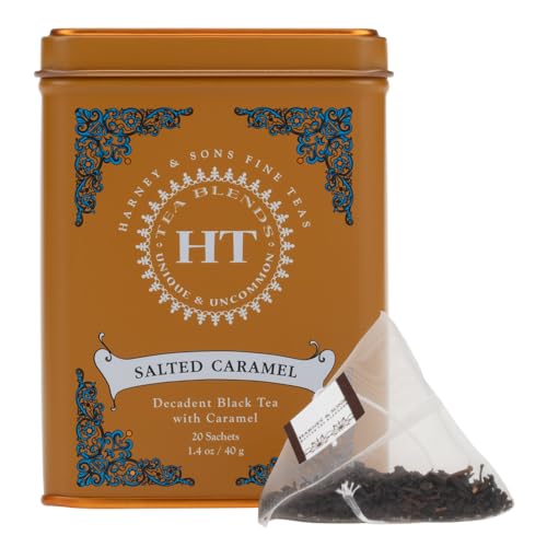 Image of Harney & Sons HT Salted Caramel Black Tea, 20 Sachets in Tin | Black tea, salted caramel flavor, hint of Himalayan salt, caffeinated
