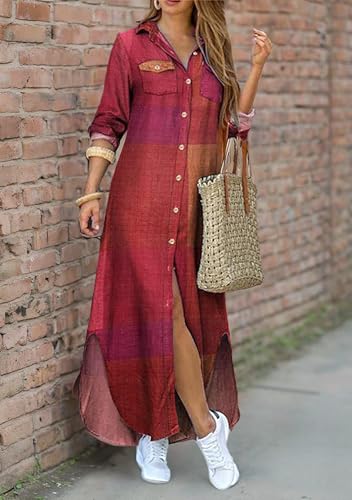 Image of DIACACY Women's Casual Lapel Collar Floral Print Maxi Dresses Side Slit Long Sleeves Loose Slim Shirt Dresses