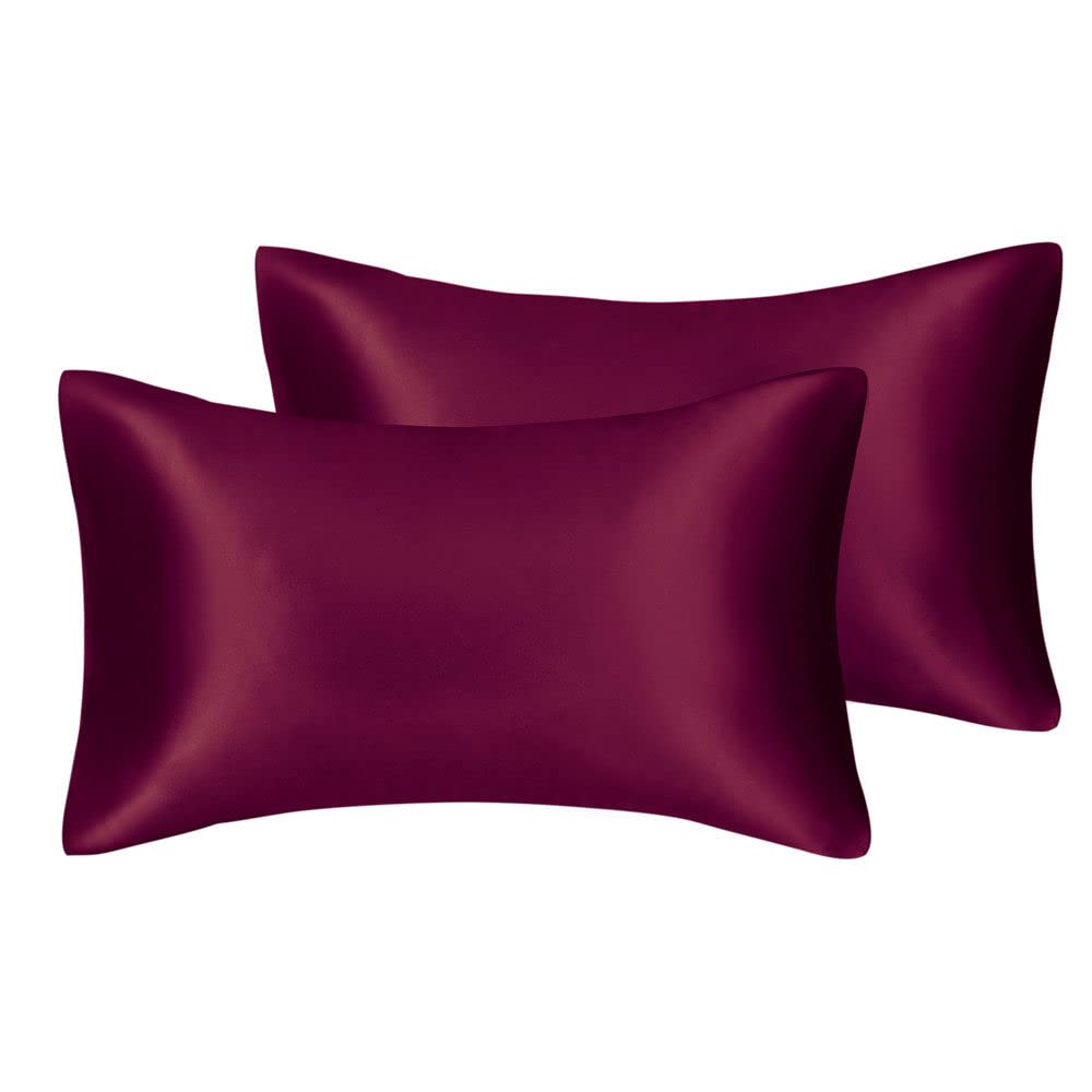 2 Pack Luxury Silk Pillowcase,Solid Color Satin Pillow Covers for Hair And Skin Super Soft Standard Size Pillow Cases With Envelope Closure,Burgundy,King