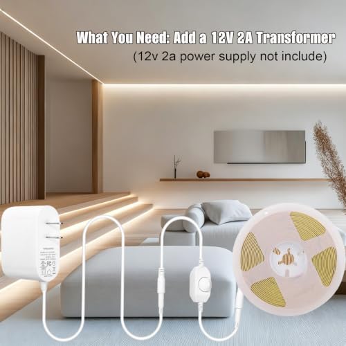 Image of 12V COB LED Strip Lights Warm White 3000K, 16.4 ft Dotless High CRI 93+Flexible & Cuttable Tape Lights for Bedroom, Under Cabinet, Living Room, RV Interior Lighting(Power Supply Not Included)