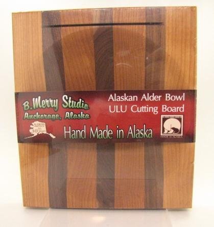 B Merry Studios Alaska Ulu Alder Walnut Stripe Wood Chopping Bowl Board Top Slot #TOP3