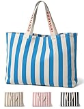 Canvas Shoulder Tote Bag, Blue Striped Everyday Bag with Zippered Pocket and Open Top – Lightweight Durable Carryall for Travel, Gym, Gifting, Pool, Holiday Bag, Beach, School, or Oversized Work Tote