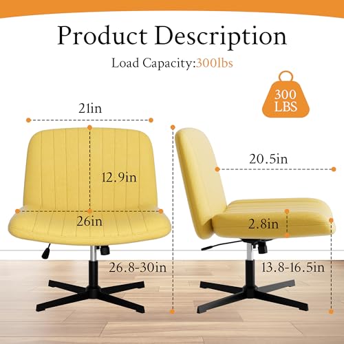 Image of Criss Cross Chair, Armless Cross Legged Office Chair No Wheels, Fabric Padded Office Chairs Height Adjustable Swivel Wide Seat Vanity Chairs for Home Office Bedroom (Yellow)
