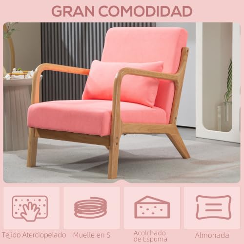 Miniatura 4 de Homcom Butaca De Salón Butaca Nórdica Sillón De Salón Con Reposabrazos Cojín Y Marco De Madera De Caucho Para Dormitorio Carga 120 Kg 61x78x76 Cm Rosa