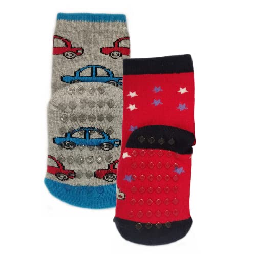 Image of NOFALL Anti Skid Robot & Car Design Cotton Socks for Kids, Ankle Length, Comfortable for Daily Use for Boys & Girls, Red & Light Grey, Pack of 2