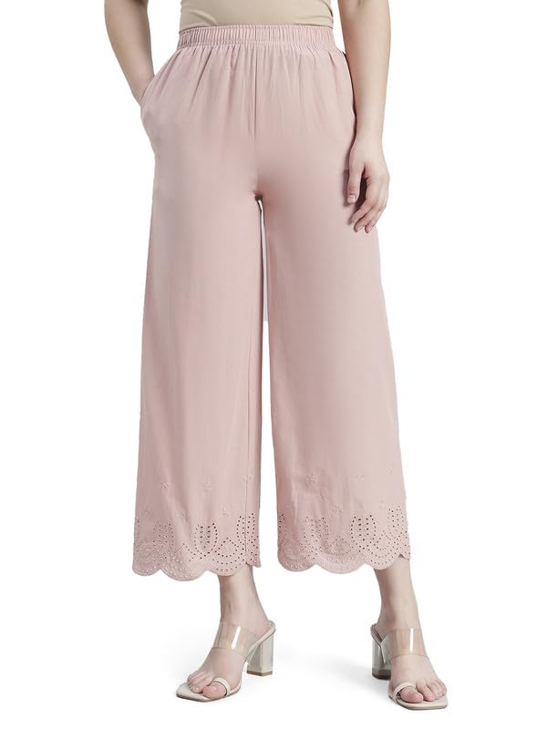 Image of GO COLORS Women's Cotton Hakoba Palazzo | Ankle Length, Schiffli Embroidery, Relaxed Fit, Mid-Rise with Side Pocket