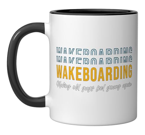 Wakeboarding Make Old Guys Feel Young Vintage Wakeboarder Ceramic Mug, Black/White