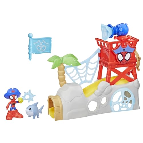 Marvel Spidey und Seine Super-Freunde – Water-Webs Spidey Insel Spielset mit Falltür, Rutsche, Netzkanone & 6 Piraten-Accessoires – Inkl. 7,6 cm Spidey Figur – Spielzeug ab 3 Jahren