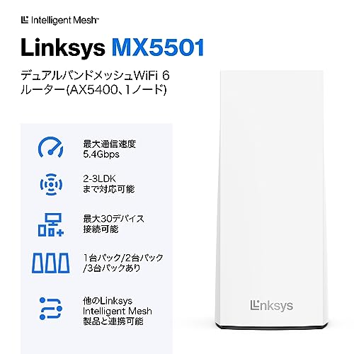 undefined 【家電批評2023上半期ベストバイ】 Linksys(リンクシス) AX5400 Wi-Fi 6 メッシュ対応ルーター MX5501-JP 11ax (574 + 4804 Mbps) デュアルバンド メーカー3年保証 【 iPhone/Android アプリ簡単設定 複数台で メッシュ範囲拡張 WiFi強化可能 】 の商品画像 2